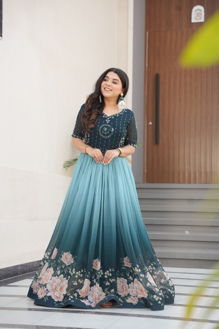 Women's Elegant Teal & Aqua Ombre Gown with Floral Printed Flair & Embellished Bodice – Perfect for Summer Festivities & Parties - Image 5